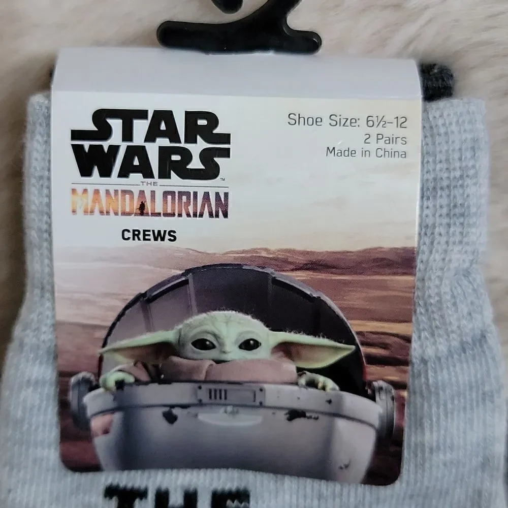 DISNEY STAR WARS MANDALORIAN BABY YODA 2-PACK MEN'S CREW SOCKS, NEW WITH TAGS!